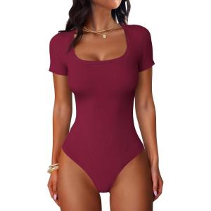 imageANRABESS Bodysuits for Women Short Sleeve Scoop Neck Tops 2026 Summer Slim Fit Ribbed Knit Sexy Basic Shirt Fashion OutfitsDeep Red