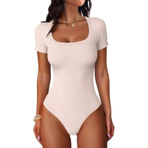 imageANRABESS Bodysuits for Women Short Sleeve Scoop Neck Tops 2026 Summer Slim Fit Ribbed Knit Sexy Basic Shirt Fashion OutfitsLight Beige