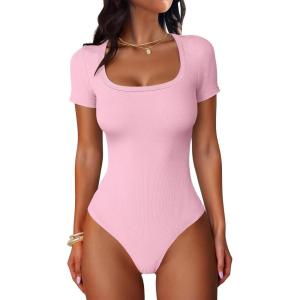 imageANRABESS Bodysuits for Women Short Sleeve Scoop Neck Tops 2026 Summer Slim Fit Ribbed Knit Sexy Basic Shirt Fashion OutfitsPink