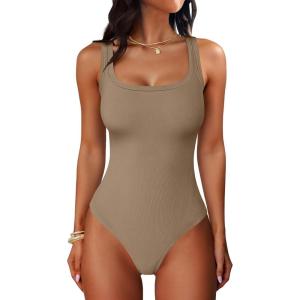 imageANRABESS Bodysuits for Women Soft Cozy Ribbed Knit Scoop Neck Sleeveless Tank Top Versatile for Daily Work TravelDeep Khaki
