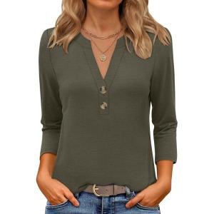 imageANRABESS Women 34 Length Sleeve Henley Tops V Neck Business Casual Work T Shirts Cute Travel Shirt 2026 Spring Trendy OutfitArmy Green