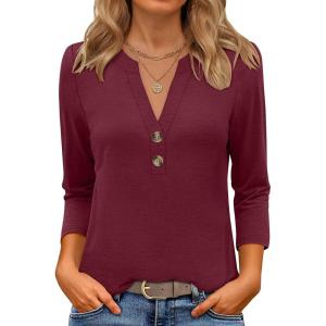 imageANRABESS Women 34 Length Sleeve Henley Tops V Neck Business Casual Work T Shirts Cute Travel Shirt 2026 Spring Trendy OutfitBurgundy