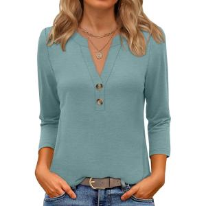 imageANRABESS Women 34 Length Sleeve Henley Tops V Neck Business Casual Work T Shirts Cute Travel Shirt 2026 Spring Trendy OutfitCadet Blue