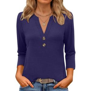 imageANRABESS Women 34 Length Sleeve Henley Tops V Neck Business Casual Work T Shirts Cute Travel Shirt 2026 Spring Trendy OutfitDark Blue