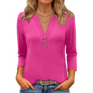 imageANRABESS Women 34 Length Sleeve Henley Tops V Neck Business Casual Work T Shirts Cute Travel Shirt 2026 Spring Trendy OutfitHot Pink
