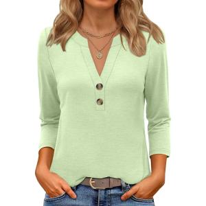 imageANRABESS Women 34 Length Sleeve Henley Tops V Neck Business Casual Work T Shirts Cute Travel Shirt 2026 Spring Trendy OutfitLight Green