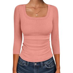 imageANRABESS Womens 34 Sleeve Scoop Neck Tops Ribbed Knit Slim Fitted Casual Basic Tee Shirts 2025 Fall Trendy Going Out TShirtCoral