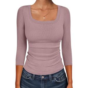 imageANRABESS Womens 34 Sleeve Scoop Neck Tops Ribbed Knit Slim Fitted Casual Basic Tee Shirts 2025 Fall Trendy Going Out TShirtGrey Pink