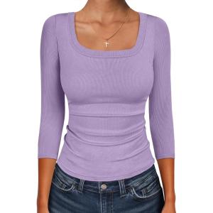 imageANRABESS Womens 34 Sleeve Scoop Neck Tops Ribbed Knit Slim Fitted Casual Basic Tee Shirts 2025 Fall Trendy Going Out TShirtLight Purple