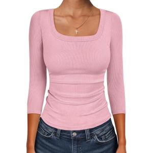 imageANRABESS Womens 34 Sleeve Scoop Neck Tops Ribbed Knit Slim Fitted Casual Basic Tee Shirts 2025 Fall Trendy Going Out TShirtPink
