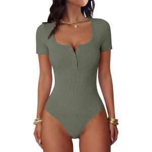 imageANRABESS Womens BodysuitsShort Sleeve Scoop Neck Top Fitted Ribbed Knit Soft Going Out Henley ShirtsTravel Work Body SuitArmy Green