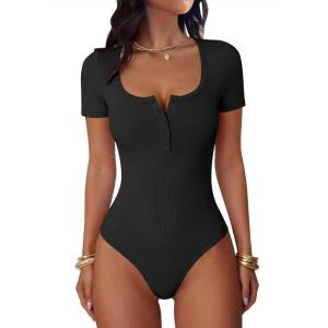 imageANRABESS Womens BodysuitsShort Sleeve Scoop Neck Top Fitted Ribbed Knit Soft Going Out Henley ShirtsTravel Work Body SuitBlack