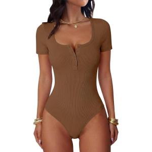 imageANRABESS Womens BodysuitsShort Sleeve Scoop Neck Top Fitted Ribbed Knit Soft Going Out Henley ShirtsTravel Work Body SuitBrown