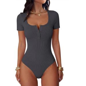 imageANRABESS Womens BodysuitsShort Sleeve Scoop Neck Top Fitted Ribbed Knit Soft Going Out Henley ShirtsTravel Work Body SuitCharcoal