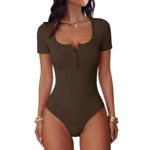 imageANRABESS Womens BodysuitsShort Sleeve Scoop Neck Top Fitted Ribbed Knit Soft Going Out Henley ShirtsTravel Work Body SuitCoffee