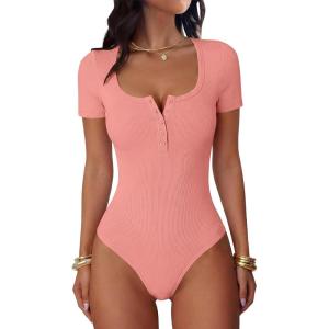 imageANRABESS Womens BodysuitsShort Sleeve Scoop Neck Top Fitted Ribbed Knit Soft Going Out Henley ShirtsTravel Work Body SuitCoral