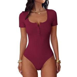 imageANRABESS Womens BodysuitsShort Sleeve Scoop Neck Top Fitted Ribbed Knit Soft Going Out Henley ShirtsTravel Work Body SuitDeep Red