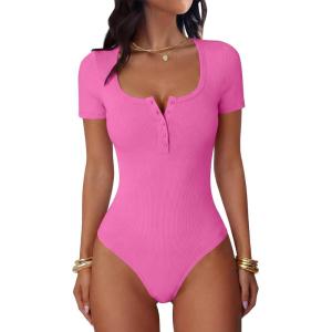 imageANRABESS Womens BodysuitsShort Sleeve Scoop Neck Top Fitted Ribbed Knit Soft Going Out Henley ShirtsTravel Work Body SuitHot Pink