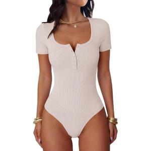 imageANRABESS Womens BodysuitsShort Sleeve Scoop Neck Top Fitted Ribbed Knit Soft Going Out Henley ShirtsTravel Work Body SuitLight Pink