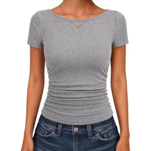 imageANRABESS Womens Cap Sleeve Boat Neck Ruched Crop Top Soft Ribbed Slim Fitted Tee Going Out Casual Shirt for SummerGray