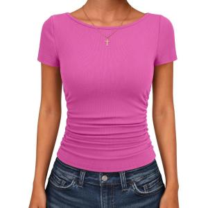 imageANRABESS Womens Cap Sleeve Boat Neck Ruched Crop Top Soft Ribbed Slim Fitted Tee Going Out Casual Shirt for SummerHot Pink