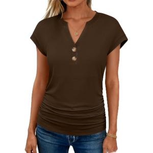 imageANRABESS Womens Cap Sleeve Henley Shirts V Neck Ruched Side Top 2026 Summer Dressy Work Blouse Business Casual OutfitsBrown