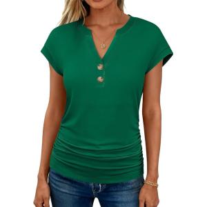 imageANRABESS Womens Cap Sleeve Henley Shirts V Neck Ruched Side Top 2026 Summer Dressy Work Blouse Business Casual OutfitsDeep Green