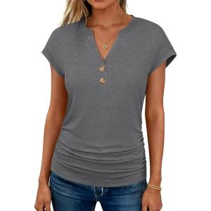 imageANRABESS Womens Cap Sleeve Henley Shirts V Neck Ruched Side Top 2026 Summer Dressy Work Blouse Business Casual OutfitsGrey