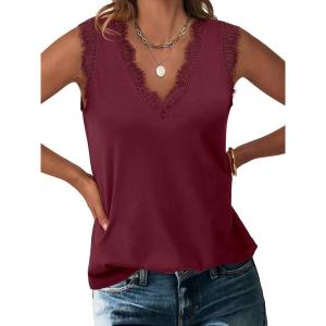 imageANRABESS Womens Lace Trim Tank Tops V Neck Sleeveless Shirts 2026 Summer Casual Trendy Dressy Cami TopBurgundy