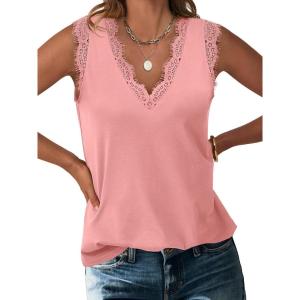 imageANRABESS Womens Lace Trim Tank Tops V Neck Sleeveless Shirts 2026 Summer Casual Trendy Dressy Cami TopCoral Pink