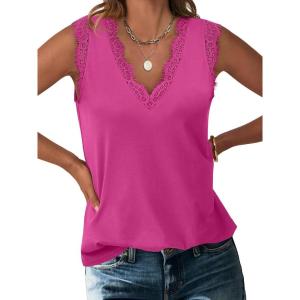 imageANRABESS Womens Lace Trim Tank Tops V Neck Sleeveless Shirts 2026 Summer Casual Trendy Dressy Cami TopHot Pink