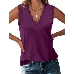 imageANRABESS Womens Lace Trim Tank Tops V Neck Sleeveless Shirts 2026 Summer Casual Trendy Dressy Cami TopPurple