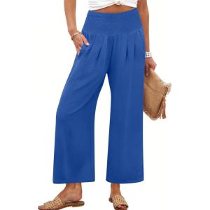 imageANRABESS Womens Pants Wide Leg High Waisted Palazzo Pants Summer Flowy Beach Lounge Casual Trousers with PocketsRoyal Blue