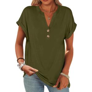 imageANRABESS Womens Short Sleeve Henley Tops V Neck Dressy Casual Blouses Summer Trendy Tee Shirts 2026 Vacation Fashion ClothesArmy Green