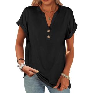 imageANRABESS Womens Short Sleeve Henley Tops V Neck Dressy Casual Blouses Summer Trendy Tee Shirts 2026 Vacation Fashion ClothesBlack