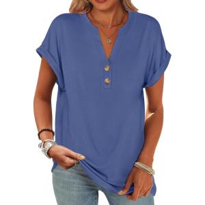 imageANRABESS Womens Short Sleeve Henley Tops V Neck Dressy Casual Blouses Summer Trendy Tee Shirts 2026 Vacation Fashion ClothesBlue
