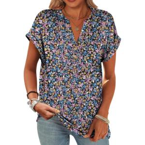 imageANRABESS Womens Short Sleeve Henley Tops V Neck Dressy Casual Blouses Summer Trendy Tee Shirts 2026 Vacation Fashion ClothesBlue Purple Floral