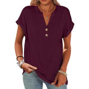imageANRABESS Womens Short Sleeve Henley Tops V Neck Dressy Casual Blouses Summer Trendy Tee Shirts 2026 Vacation Fashion ClothesBrick Red