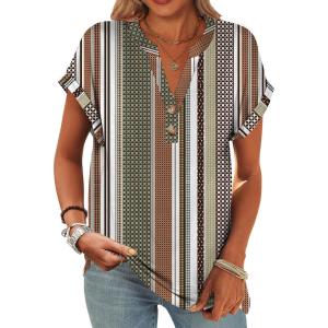 imageANRABESS Womens Short Sleeve Henley Tops V Neck Dressy Casual Blouses Summer Trendy Tee Shirts 2026 Vacation Fashion ClothesBrown White Strip