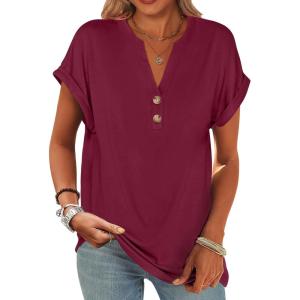 imageANRABESS Womens Short Sleeve Henley Tops V Neck Dressy Casual Blouses Summer Trendy Tee Shirts 2026 Vacation Fashion ClothesBurgundy