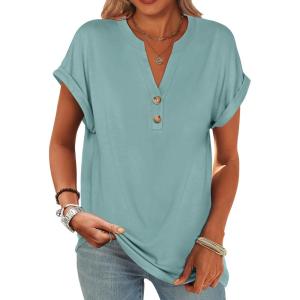 imageANRABESS Womens Short Sleeve Henley Tops V Neck Dressy Casual Blouses Summer Trendy Tee Shirts 2026 Vacation Fashion ClothesCadet Blue