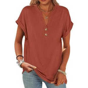imageANRABESS Womens Short Sleeve Henley Tops V Neck Dressy Casual Blouses Summer Trendy Tee Shirts 2026 Vacation Fashion ClothesCaramel Brown