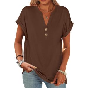 imageANRABESS Womens Short Sleeve Henley Tops V Neck Dressy Casual Blouses Summer Trendy Tee Shirts 2026 Vacation Fashion ClothesCoffee