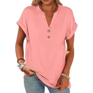 imageANRABESS Womens Short Sleeve Henley Tops V Neck Dressy Casual Blouses Summer Trendy Tee Shirts 2026 Vacation Fashion ClothesCoral