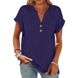 imageANRABESS Womens Short Sleeve Henley Tops V Neck Dressy Casual Blouses Summer Trendy Tee Shirts 2026 Vacation Fashion ClothesDark Blue