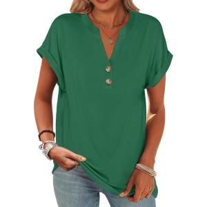 imageANRABESS Womens Short Sleeve Henley Tops V Neck Dressy Casual Blouses Summer Trendy Tee Shirts 2026 Vacation Fashion ClothesGreen