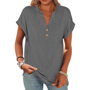 imageANRABESS Womens Short Sleeve Henley Tops V Neck Dressy Casual Blouses Summer Trendy Tee Shirts 2026 Vacation Fashion ClothesGrey