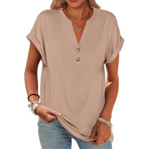 imageANRABESS Womens Short Sleeve Henley Tops V Neck Dressy Casual Blouses Summer Trendy Tee Shirts 2026 Vacation Fashion ClothesKhaki