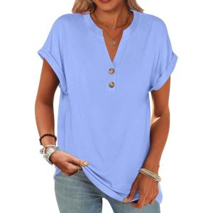 imageANRABESS Womens Short Sleeve Henley Tops V Neck Dressy Casual Blouses Summer Trendy Tee Shirts 2026 Vacation Fashion ClothesLight Blue