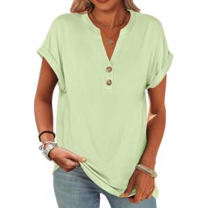 imageANRABESS Womens Short Sleeve Henley Tops V Neck Dressy Casual Blouses Summer Trendy Tee Shirts 2026 Vacation Fashion ClothesLight Green